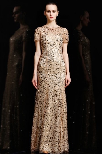 robe de soirée dorée en sequin avec manche courte
